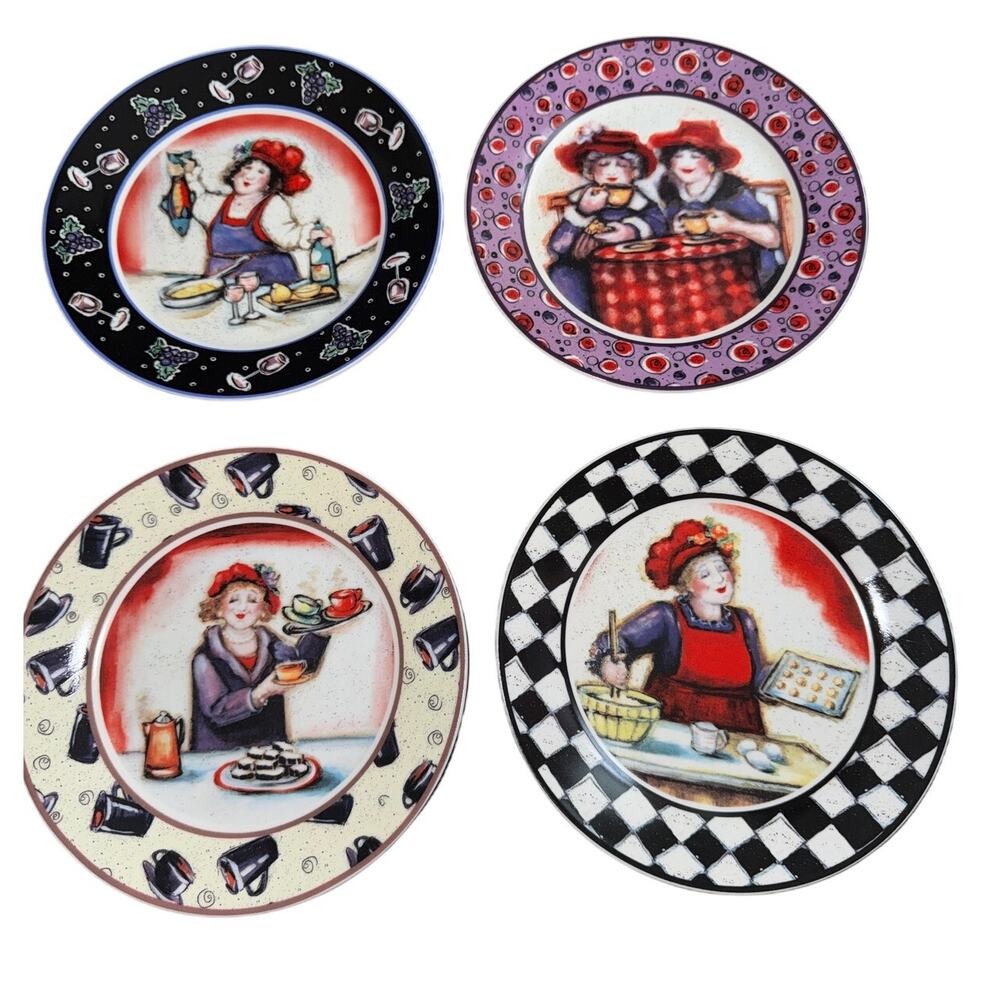 Full Set Of 4 Red Flamboyance 2004 Julie Ueland‎ Enesco Red Hat Society Plates
